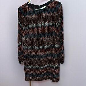 25. Shoshanna Shift Dress Black Gray Striped Aztec Long Sleeve